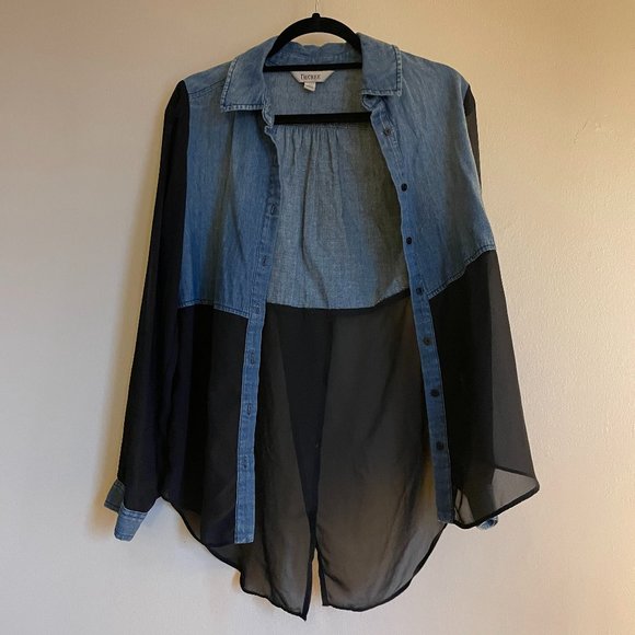 Denim & chiffon long sleeve collared button up, M - Picture 1 of 3